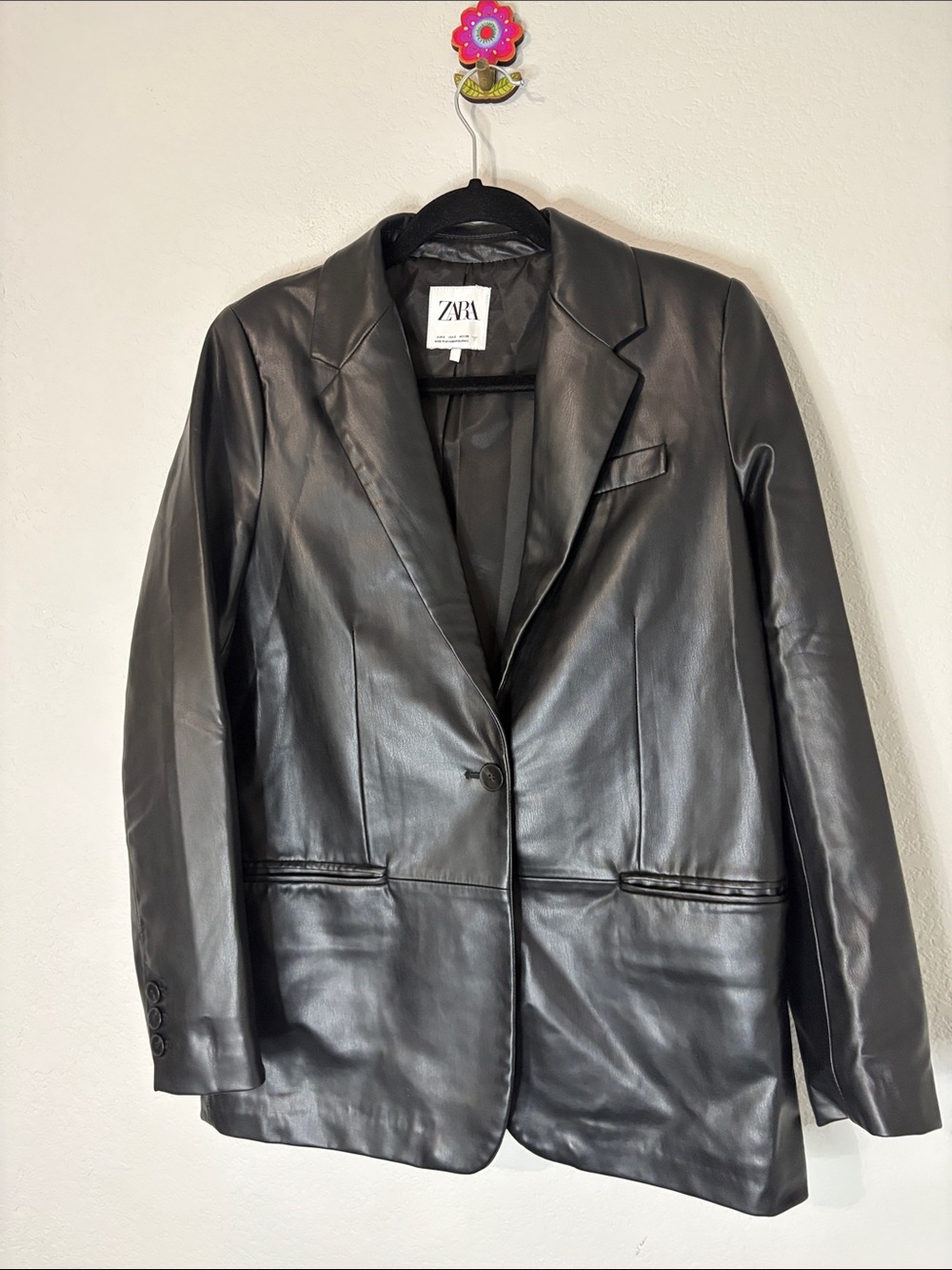 Zara Black Blazer Coat Faux Leather Single Button S